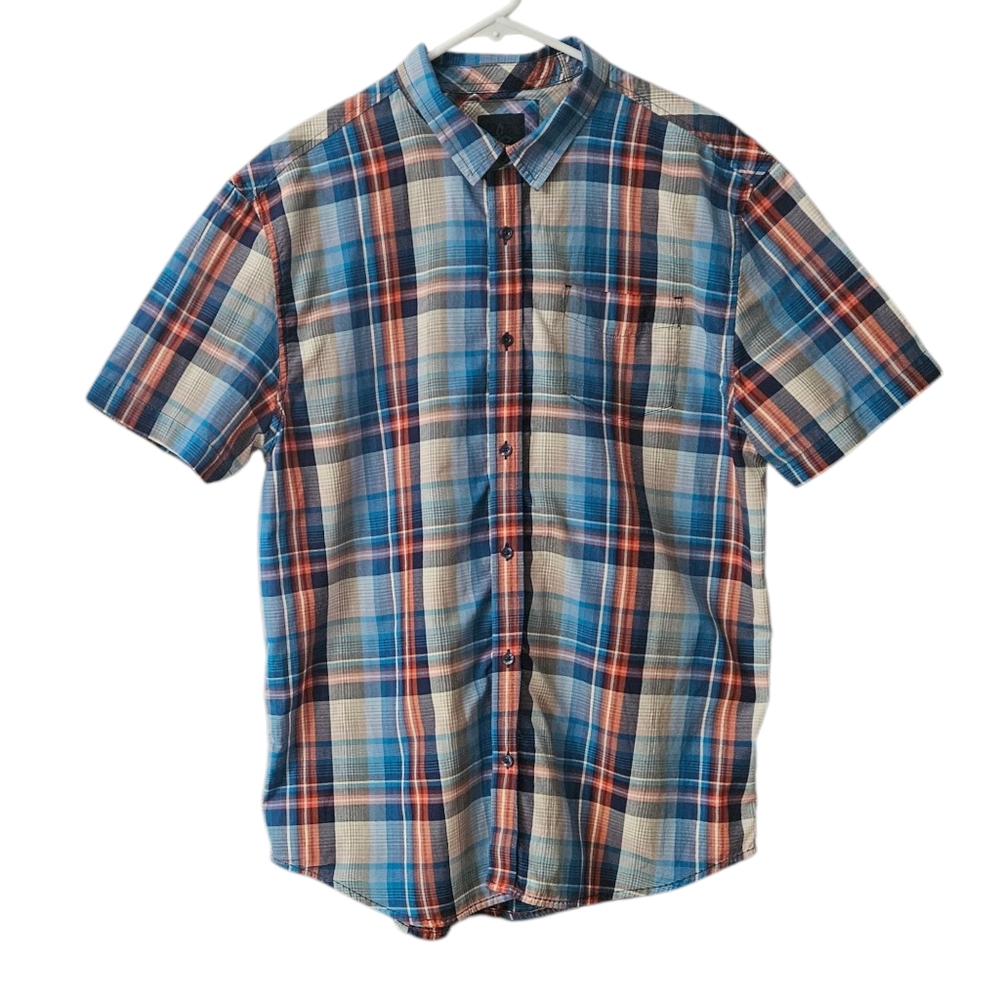 PrAna Men's Short Sleeve Plaid Shirt Size XL Button Up Blue Orange Prana